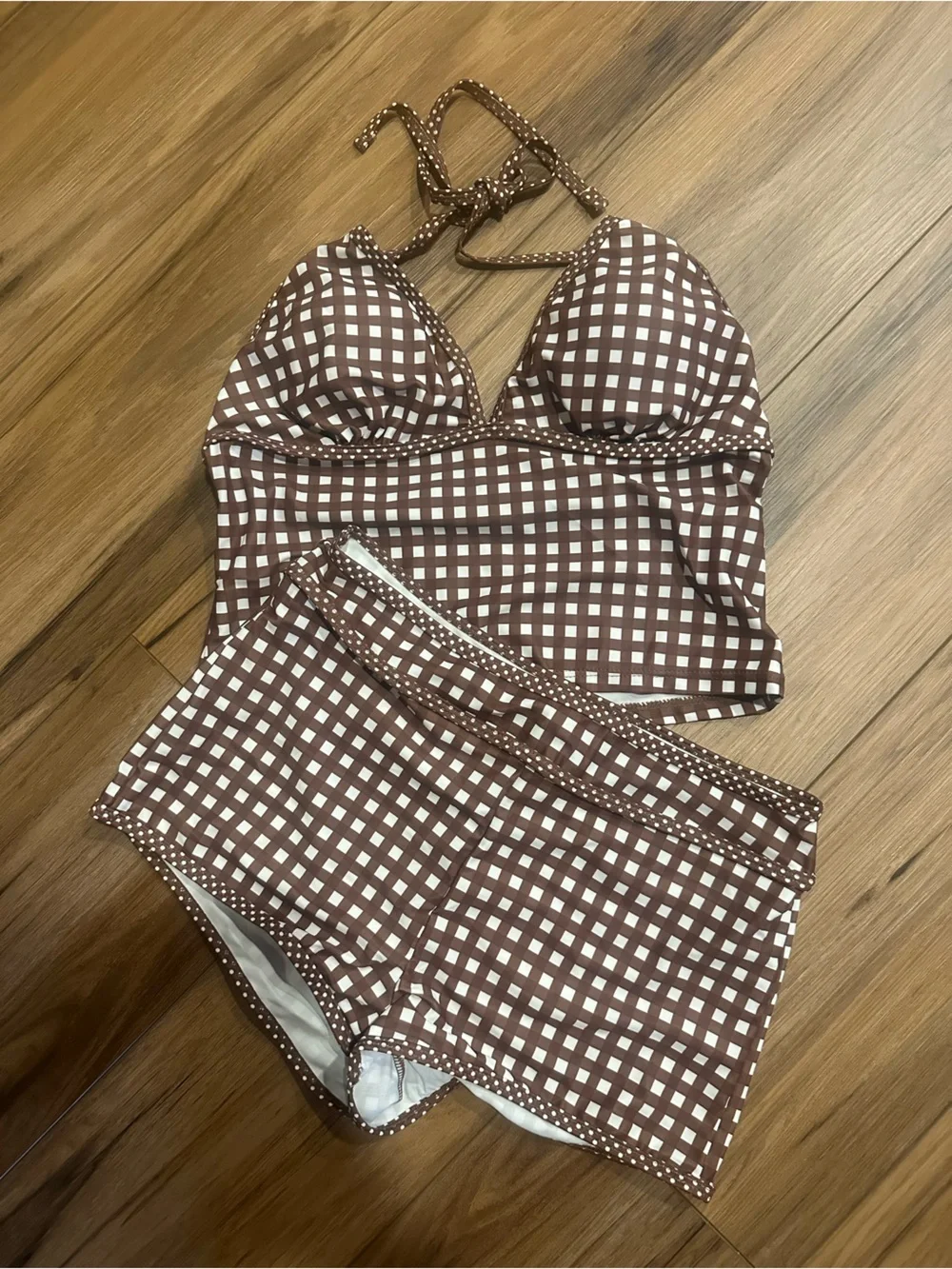 SHEIN Brown and White Gingham High-Waist Bikini Set - Picture 1 of 6